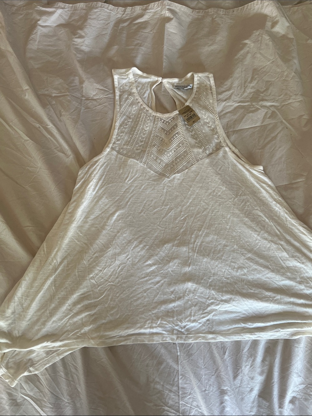 American Eagle Sleeveless White Lace-Yoke Tank Top - Women Size L